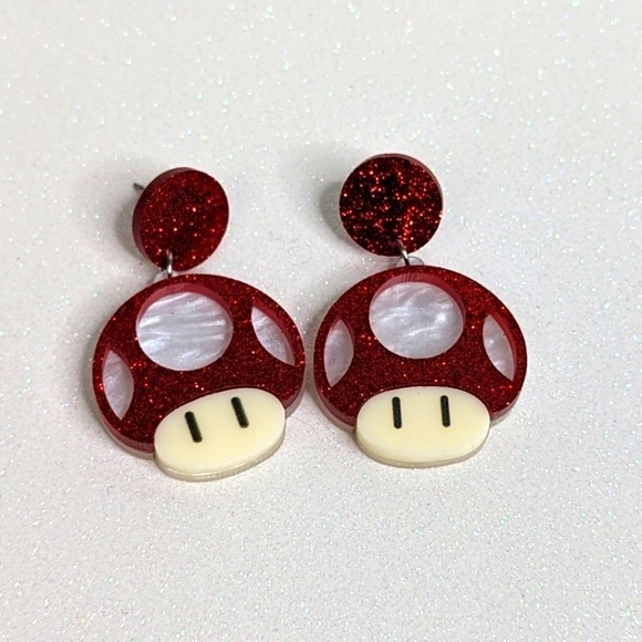Jewelry - Toad Mario Bros Mushroom Red Glitter Acrylic Drop Earrings